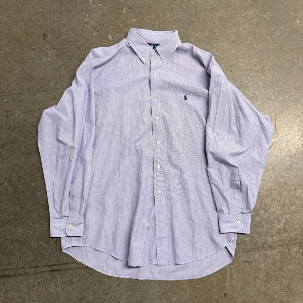 Ralph Lauren Mens 17.5 34/35 Blue White Striped Cotton Button Down Shirt‎